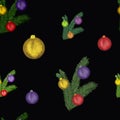Watercolor Christmas tree branches with colorful balls on black background. Seamless pattern. Holidays, winter, kids print, packag Royalty Free Stock Photo