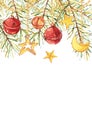 Watercolor Christmas tree branches with a crescent, a star and bells hang on gold chains. Colored vertical rectangle Royalty Free Stock Photo