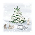 Watercolor Christmas Tree with bunny and snow. Minimalstic elegant Holiday Design Template. Handdrawn card with text - Merry