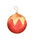 Watercolor christmas tree decoration, new yer toy in red and gold colors for christmas cards design, souvenirs Royalty Free Stock Photo