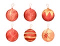 Watercolor christmas tree decorations set. Collection with new year toys in red and gold colors Royalty Free Stock Photo