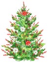 Watercolor Christmas tree with flowers, berries and cones