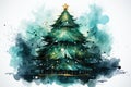 Watercolor Christmas tree with a gold star on a blue background. New Year card, holiday banner Royalty Free Stock Photo