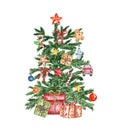 Watercolor Christmas tree illustration. Holiday fir tree with ornaments and decorations, isolated on white background