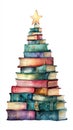 Watercolor Christmas Tree Made from Stack of Books, Isolated on White Background Generative AI Royalty Free Stock Photo