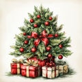 Watercolor Christmas tree with red balls and gifts in retro style. Vintage spruce. Generative AI Royalty Free Stock Photo