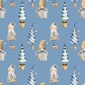 Watercolor Christmas tree and scandinavian elfs seamless pattern