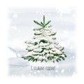 Watercolor Christmas Tree, and snow. Minimalstic elegant Holiday Design Template. Handdrawn card with text - Merry