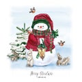 Watercolor Christmas Tree with snowman, bunny, lamp and gift. Holiday Decoration Print Design Template. Handdrawn card