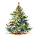 Watercolor christmas tree with decorations on a white background