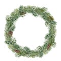 Watercolor Christmas tree wreath. Hand painted fir branch with pine cone isolated on white background. Holiday floral Royalty Free Stock Photo