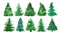 watercolor Christmas trees hand drawn, vector illustration set of silhouettes, green color. New year decoration