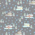 Watercolor Christmas trees, houses and Snowflakes seamless pattern gray background pattern Christmas pattern Cute pattern Royalty Free Stock Photo