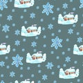 Watercolor Christmas trees, houses and Snowflakes seamless pattern gray pattern Christmas pattern Cute pattern Royalty Free Stock Photo