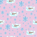 Watercolor Christmas trees, houses and Snowflakes seamless pattern lilac pattern Christmas pattern Cute pattern Royalty Free Stock Photo