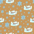 Watercolor Christmas trees, houses and Snowflakes seamless pattern pattern Christmas pattern Cute pattern brown Royalty Free Stock Photo