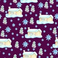 Watercolor Christmas trees, houses and Snowflakes seamless pattern violet background pattern Christmas pattern Cute pattern Royalty Free Stock Photo
