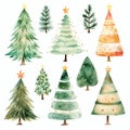 Watercolor Christmas trees set. Hand drawn illustration. Isolated on white background. Royalty Free Stock Photo