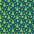 Watercolor Christmas trees, stars and half moon seamless pattern. Hand painted fairy forest trees on dark blue sky Royalty Free Stock Photo