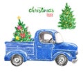 Watercolor Christmas vintage car and pine fir tree, isolated. Snowy winter scene