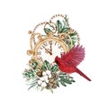 Watercolor Christmas Vintage Clock With Red Cardinal Bird, Pine Cones, Fir Branches