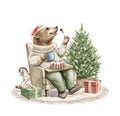 Watercolor Christmas cartoon bear in clothes eat and drink in armchair with Christmas tree and gifts Royalty Free Stock Photo