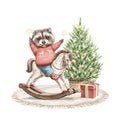 Watercolor Christmas cartoon raccoon in clothes rides on rocking horse with Christmas tree and present box Royalty Free Stock Photo