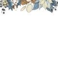 Watercolor Christmas vintage floral illustration with blue berries, poinsettia pine cones lunaria holy. Seamless boder