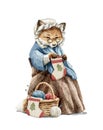 Watercolor Christmas cartoon fox in clothes knits Christmas socks