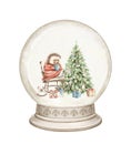 Watercolor Christmas hedgehog drink tea in armchair, gift box and Christmas tree in snow globe