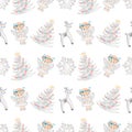 Watercolor Christmas White Angel seamless pattern, christmas tree with toys repeat paper, Winter print, holidays decor pattern,