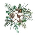 Watercolor christmas winter bouquet arrangement with fir branches, green leaves