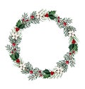 Watercolor christmas winter floral round wreath greenery frame with fir branches, cotton Royalty Free Stock Photo