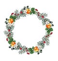 Watercolor christmas winter floral round wreath greenery frame with fir branches, orange, cotton Royalty Free Stock Photo