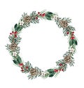 Watercolor christmas winter floral round wreath greenery frame with fir branches, pine cone, cotton Royalty Free Stock Photo