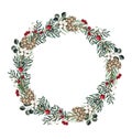 Watercolor christmas winter floral round wreath greenery frame with fir branches, pine cone, cotton Royalty Free Stock Photo