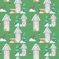 Watercolor Christmas winter houses Seamless pattern. House with wooden door, luminous windows, snow on the roof. Bright Royalty Free Stock Photo