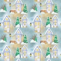 Watercolor Christmas winter houses Seamless pattern. House with wooden door, luminous windows, snow on the roof. Bright Royalty Free Stock Photo