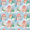 Watercolor Christmas winter houses Seamless pattern. House with wooden door, luminous windows, snow on the roof. Bright Royalty Free Stock Photo