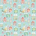 Watercolor Christmas winter houses Seamless pattern. Kids cartoon House with wooden door, luminous windows, snow on the Royalty Free Stock Photo