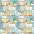 Watercolor Christmas winter houses Seamless pattern. Kids cartoon House with wooden door, luminous windows, snow on the Royalty Free Stock Photo