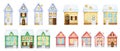 Watercolor Christmas winter houses Set with dark brown wooden door, luminous windows, with snow on the roof. Bright Royalty Free Stock Photo