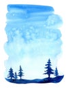 Watercolor christmas winter landscape with snow and trees. Treescape with pine and fir. Illustration landscape for print