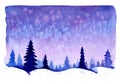 Watercolor christmas winter landscape with snow and trees. Treescape with pine and fir. Illustration landscape for print