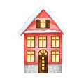 Watercolor Christmas winter red house with luminous windows, and with snow on the roof on a white background. With dark