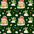 Watercolor Christmas winter seamless pattern. Winter cartoon house with fir trees and snow. Stick candy cane in a Royalty Free Stock Photo