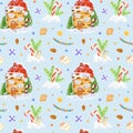 Watercolor Christmas winter seamless pattern. Winter cartoon house with fir trees and snow. Stick candy cane in a Royalty Free Stock Photo