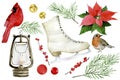 Watercolor christmas, winter set. winter birds, skates, bells, fir branches isolated on white background. vintage new year, christ Royalty Free Stock Photo