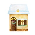 Watercolor Christmas winter yellow beige house with dark wooden door and luminous windows, and with snow on the roof on Royalty Free Stock Photo
