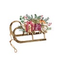 Watercolor Christmas wooden sledge decorated with gift boxes